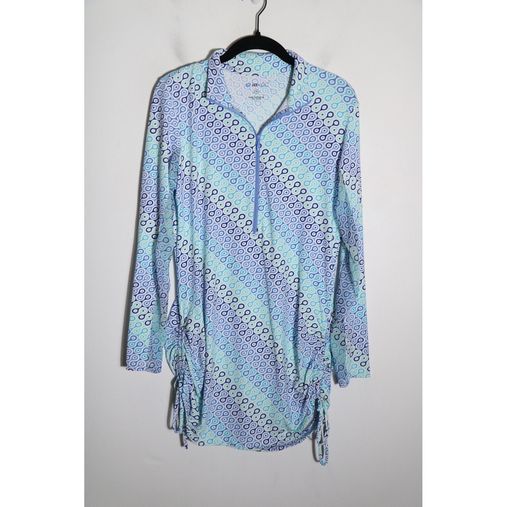Ibkul Adjustable Length Long Sleeve Tunic Quarter Zip UPF M Blue Geometric Swim